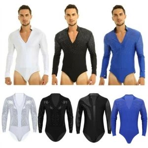 Men Shiny Rhinestone Stand Collar Long Sleeve Latin Dance Leotard Shirt Bodysuit - Picture 1 of 30