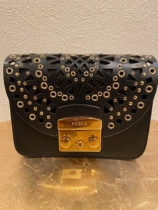Furla Metropolis Mini Women's Crossbody Shoulder Bag Punching Studs Black Gold - Picture 1 of 8