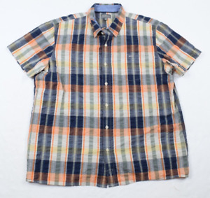 L.L. Bean Signature Orange Blue Plaid Seersucker Short Sleeve Slim Shirt Mens XL