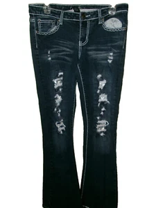 Stylish Women’s Rue 21 Premiere Jeans Size 7/8R Distress Rhinestone Bootcut Jean - Picture 1 of 7
