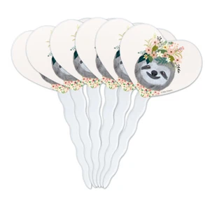 Happy Sloth Flowers in Hair Heart Love Cupcake Picks Toppers Decoration Set of 6 - Picture 1 of 7