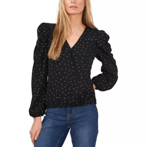 Sam and Jess Womens Surplice Puff Sleeves Tee Blouse Shirt Sz S, Black Polka dot - Picture 1 of 2