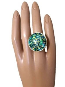 Opal Ring 25mm Green & Gold Fire Resin Opal in 18K GP Stainless-Steel Band - Picture 1 of 2