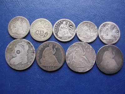 MEDIO DÓLAR BUSTO 1834, MEDIO DÓLAR SENTADO Y 5 CUARTOS SENTADOS--ALGUNOS PROBLEMAS Foto 1 de 4