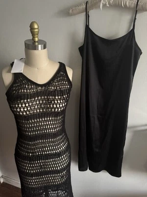 New Theory Dress LACE ST. Knit Petite Jet Black Tissage, Slip MSRP $395 Beach - Image 1 of 4