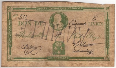 FRANCE  50  Livres  1793  P:A100  Armee  Catholique  et  Royale - Image 1 of 2