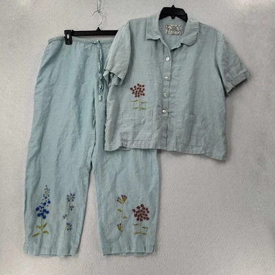 LA Blend 2 件套亚麻套装女式 LG 花卉纽扣上衣裤子蓝色旗帜 — 第 1/4 张图片