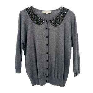 LOFT Size Small Gray 3/4 Sleeve Sequin Collar Button Down Cardigan Sweater - Picture 1 of 9