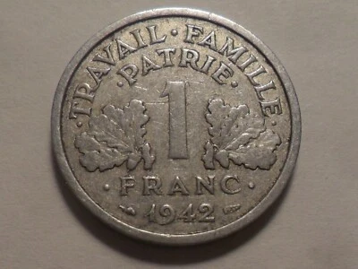 1942 NICE WW2 FRANCE ALUMINUM 1 FRANC KM#902.1 MINTAGE 152,144,000! - Image 1 of 2