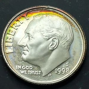 1998 S 10C Silver Roosevelt Dime Proof Rainbow Toned - Picture 1 of 8