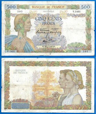 France 500 Francs 1940 Serie V La Paix Great Bill Europe Frc Frcs Free Ship Wld - Image 1 of 3