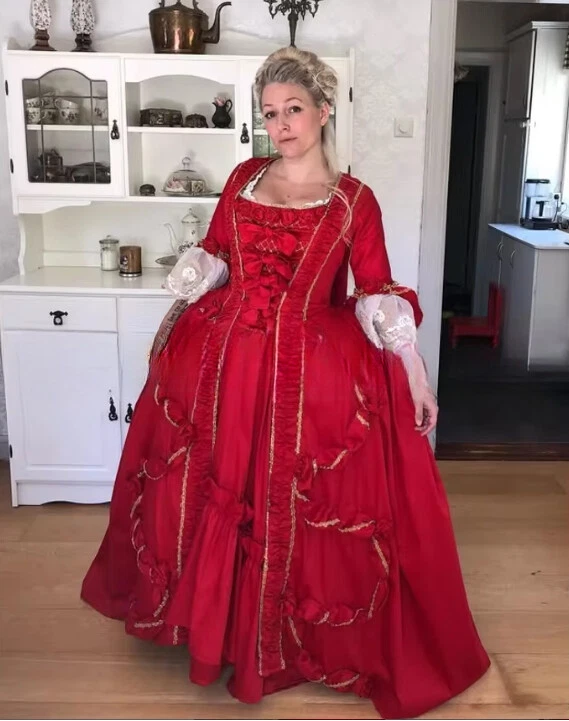 Gothic Victorian Wedding Gowns Red Satin Lace Pleated Corset Laced Medieval - Image 1 of 4