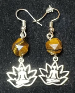 Chakra Healing Stone Hook Earrings Tibetan Silver Yoga Lotus Charm Tiger Eye - Picture 1 of 2