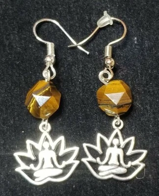 Chakra Healing  Stone Hook Earrings Tibetan Silver Yoga Lotus Charm Tiger Eye  - Image 1 of 2