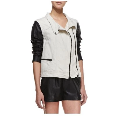 Rag & Bone Linen Twill and Leather Moto Jacket Natural Size Medium NWT - Image 1 of 4