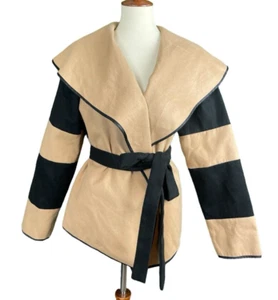Shein Open Wrap Jacket Belted Camel Tan Black Women Size 1XL Lapel Collar - Picture 1 of 16