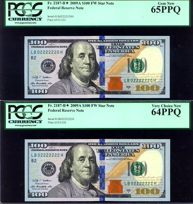 FANCY RADAR # 02222220 & seven of kind # 02222222 $100 2009A PCGS 65 PPQ 64 PPQ - Image 1 of 2