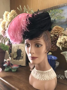 Vintage Antique 1930’s Fabu Lush Pink & Black Ostrich Plumes HAT  Kitty Gunsmoke - Picture 1 of 9