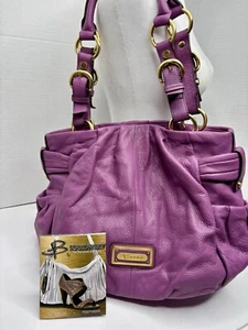 B. Makowsky Purple Leather Shoulder Bag With Leopard Print Lining Gold Tone New - Picture 1 of 15