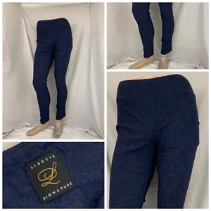 Lisette Stretch Pants 28” Blue Floral Leggings Flat Front Pull On YGI Q2-182 - Picture 1 of 10