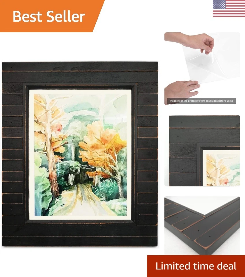 Marco de fotos negro envejecido rústico 11x14 con plexiglás - Pantalla versátil Foto 1 de 4