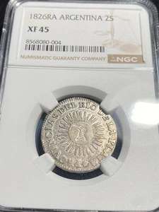 SCARCE Argentina (LA RIOJA ) 1826 RA SILVER 2 Soles NGC XF 45 HIGH GRADE LUSTER - Picture 1 of 2