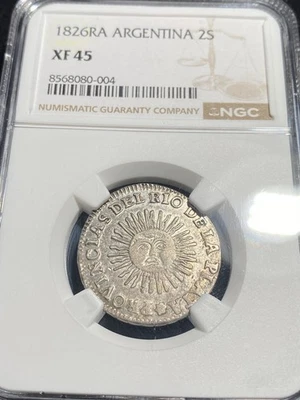 SCARCE Argentina (LA RIOJA ) 1826 RA SILVER 2 Soles NGC XF 45 HIGH GRADE LUSTER - Image 1 of 2
