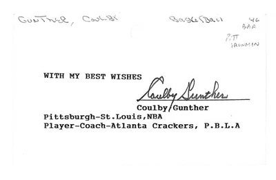 Coulby Gunther Autographed Index Card 3x5 BAA ABL Bombers Ironmen - Image 1 of 2