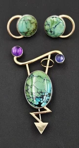 Rare Yumi Ueno Modernist Sterling 14k Multi-Stone Brooch Earrings Set 1997 - Picture 1 of 9