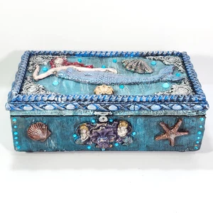 Verzierte Schmuckschatulle John William Meerjungfrau Kunst Holz maritimes Dekor blau 11 Zoll - Bild 1 von 24