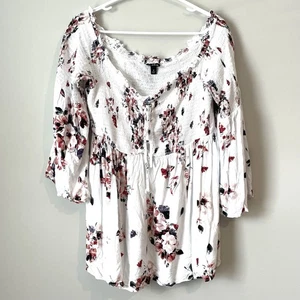 Torrid Top Übergröße 2X Oberteil Blumen Bluse Damen weiß schulterfrei Blusenshirt - Bild 1 von 7