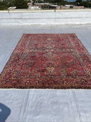 Bonita alfombra oriental roja antigua 8 X 12 circa 1920 auténtica lana hecha a mano Foto 1 de 4