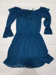 MISSGUIDED Short Skater Dress Size 8 Blue Sheer Elastic Waist Long Sleeve Smart - Picture 1 of 8