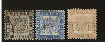 Germany Baden Scott #19, #22, #23 used 1864-65 perf 10 Coat of Arms, nice cancel - Image 1 of 2