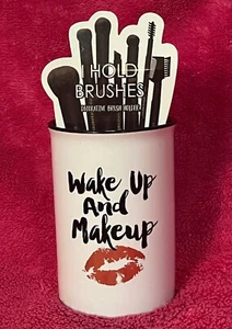 Wake Up And Make Up Stoneware 5” Tall Cosmetic Make Up Brush Holder NEW in Box! - Imagen 1 de 8