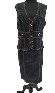 Bisou Bisou Woman Denim Outfit Vest Top Size Large Skirt Size 12 Toggle Grommet - Picture 1 of 19