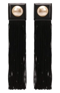 NIB Saint Laurent YSL Black Square Pearl Tassel Fringe Drop Clip Earrings $1390 - Picture 1 of 24