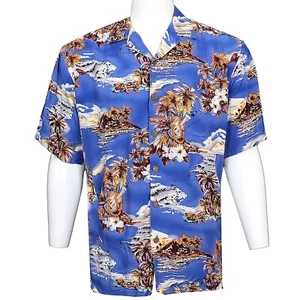 Hilo Hattie Hawaiian Shirt Men's XL Blue Floral Ukulele Rayon Made in USA - Picture 1 of 12