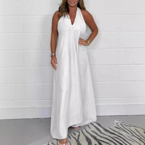 V-Ausschnitt T-Back ärmellos elegantes langes Kleid einfarbig Kleid - Bild 1 von 24