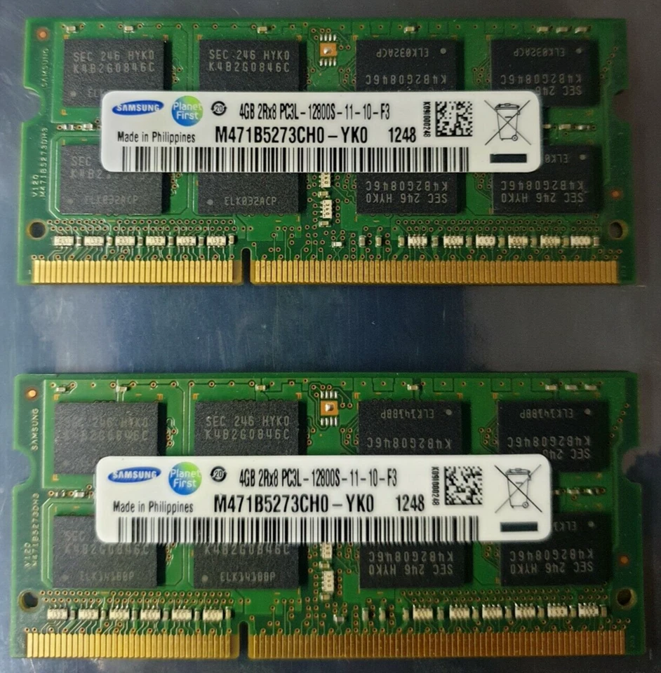 Samsung 8GB 2X4GB DDR3 2RX8 1600MHz PC3L-12800S 204pin Laptop Memory RAM - Image 1 of 1