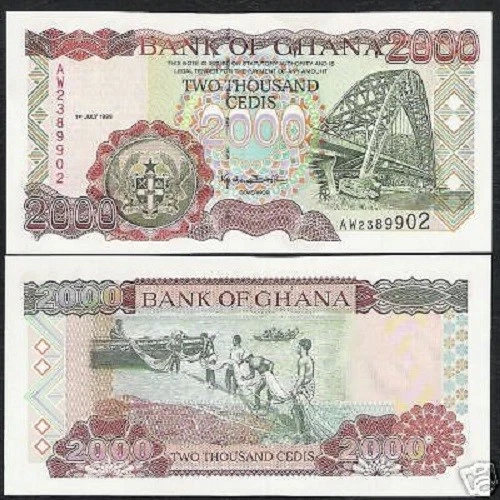 GHANA 2000 CEDIS P-33 1999 X 100 Pcs Lot BUNDLE BOAT BRIDGE UNC MONEY 2,000 NOTE - Image 1 of 1
