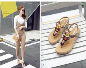 Damen-Sandalen Sommer Perlen Bohemian Riemen Keilabsatz Freizeitschuhe elfenbeinfarben Größe US 10 - Bild 1 von 16