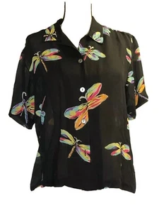 Mureli Collection Silk Dragonfly Womens Small Black Button Front Blouse - Picture 1 of 8