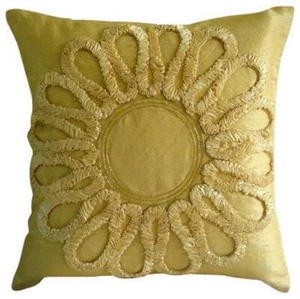 Pillow Case Gold 16"x16", Home Decor Silk Ribbon Embroidery - We All Blossom - Picture 1 of 4