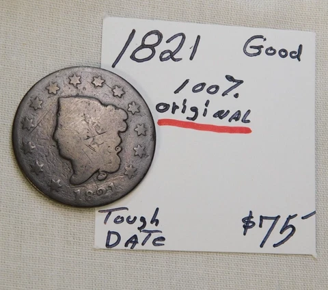 1821 LARGE CENT 100% ORIGINAL! KEY DATE GOOD CHOCOLATE BROWN !!!!!!!!!!!!!!!!!⭐⭐ Cover