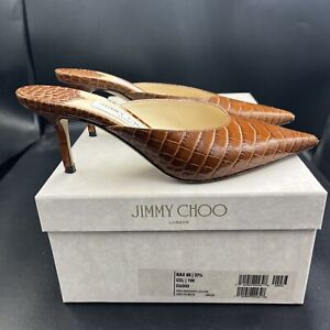 Jimmy Choo ‘Rav’ Brown Tan Croc Effect Mules Heels Slip On Uk 4.5 Eu 37.5