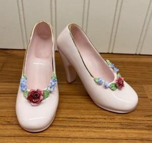 Vintage Denton Bone China Pink Porcelain High Heeled Shoes Hand Painted England - Picture 1 of 10