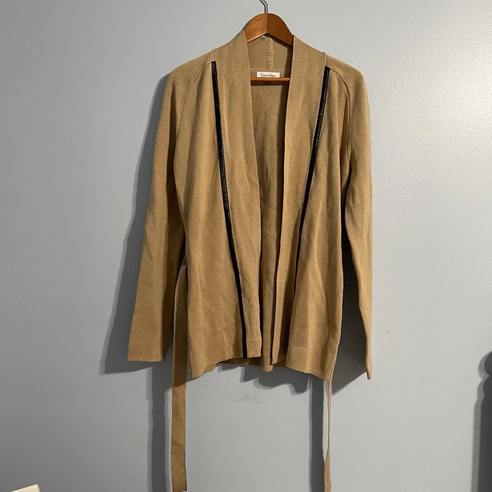 Cardigã feminino Calvin Klein malha comprimento médio aberto cinto frontal jaqueta suéter #6 - Imagem 1 de 4