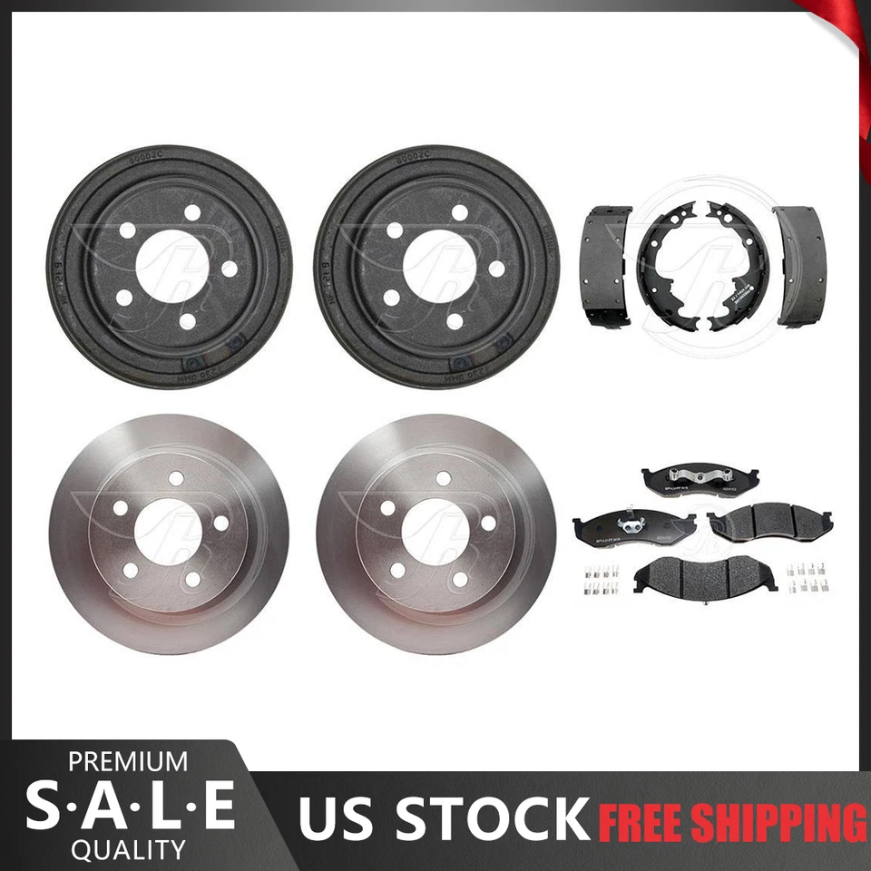 Para Jeep Wrangler 1999 Rotores de freno delanteros Pastillas de cerámica + Tambores de freno traseros Zapatas Foto 1 de 4