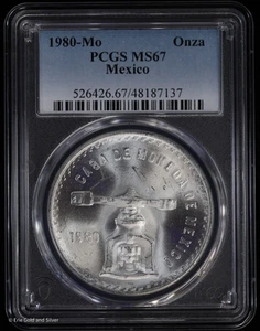 1980-Mo Mexico 1 oz Silver Casa De Moneda PCGS MS 67 | Prooflike Reverse UNC BU - Picture 1 of 4